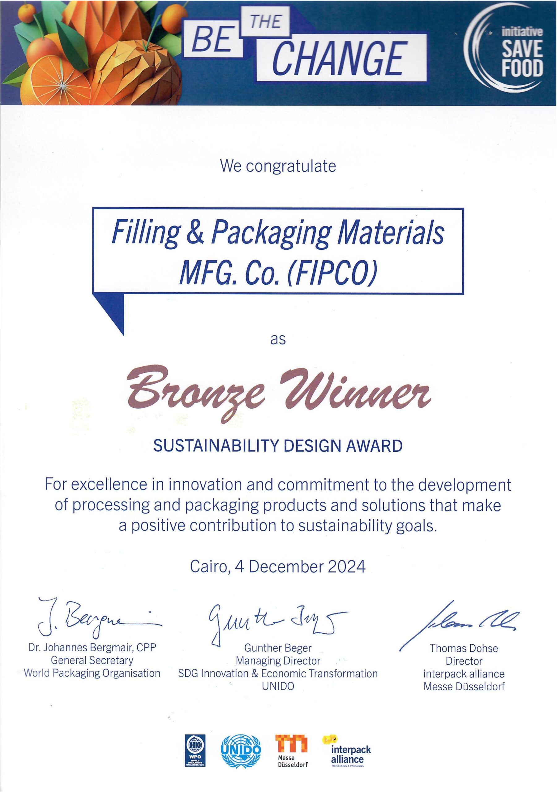 Bronze Winner Third Prize in the SUSTAINABILITY DESIGN AWARD at pacprocess MEA 2024
